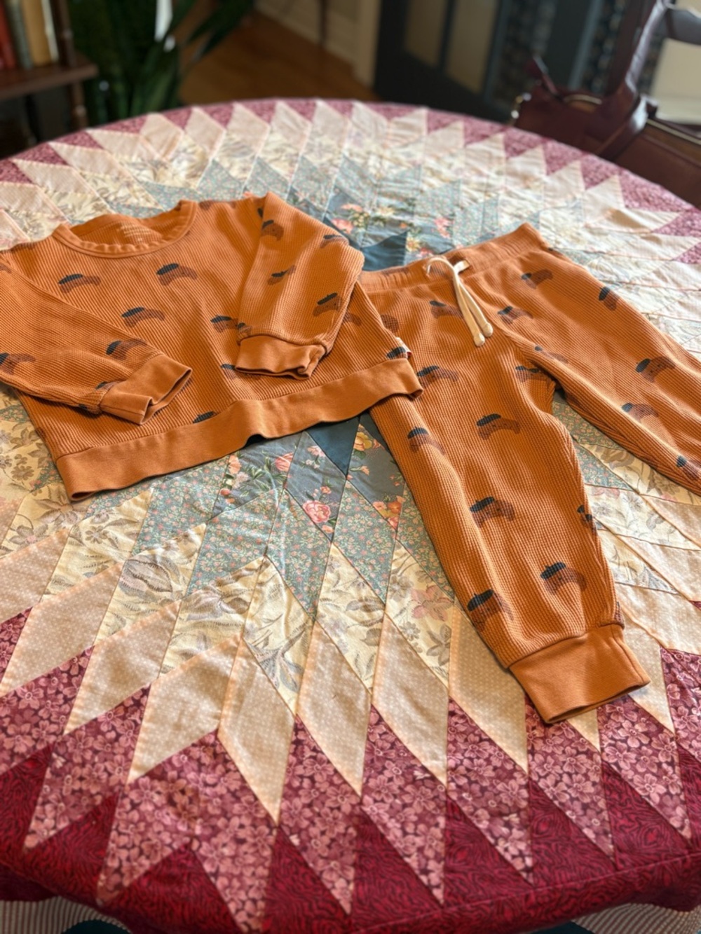 Tiny Cottons Croissant Waffle Sweatshirt & Jogger Set with Black Dash Print